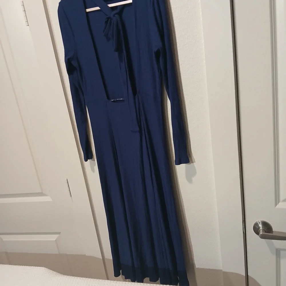 ASOS Navy Blue Ribbed Open Back Tie Maxi Dress Mock Neck Long Sleeve US 6